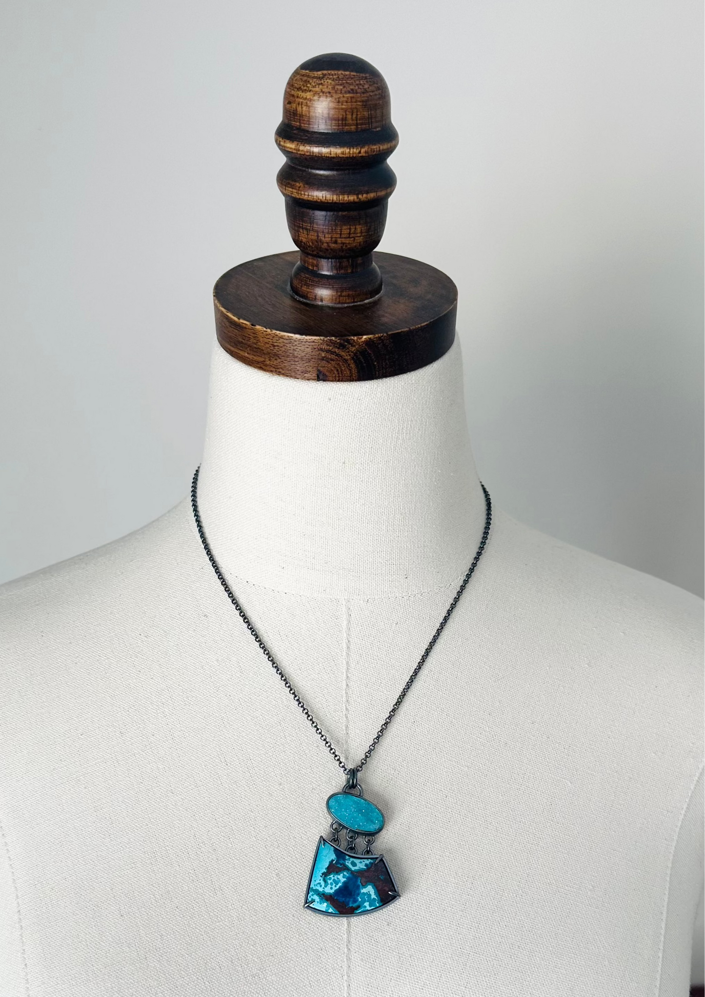 Shattuckite Chrysocolla, Drusy Chrysocolla and Sterling Silver Necklace