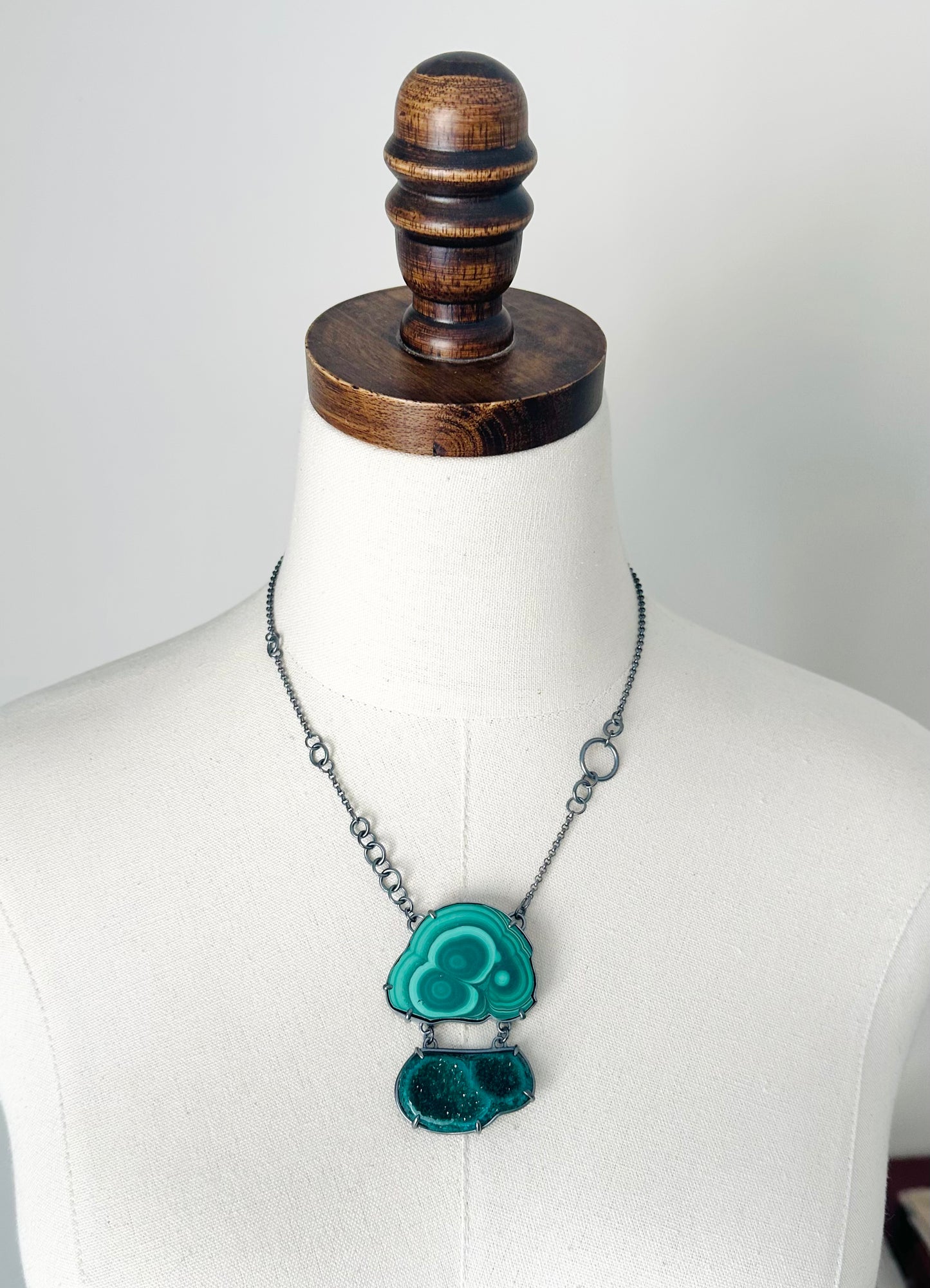 Malachite Stalactite Slice, Dioptase Drusy and Sterling Silver Statement Necklace