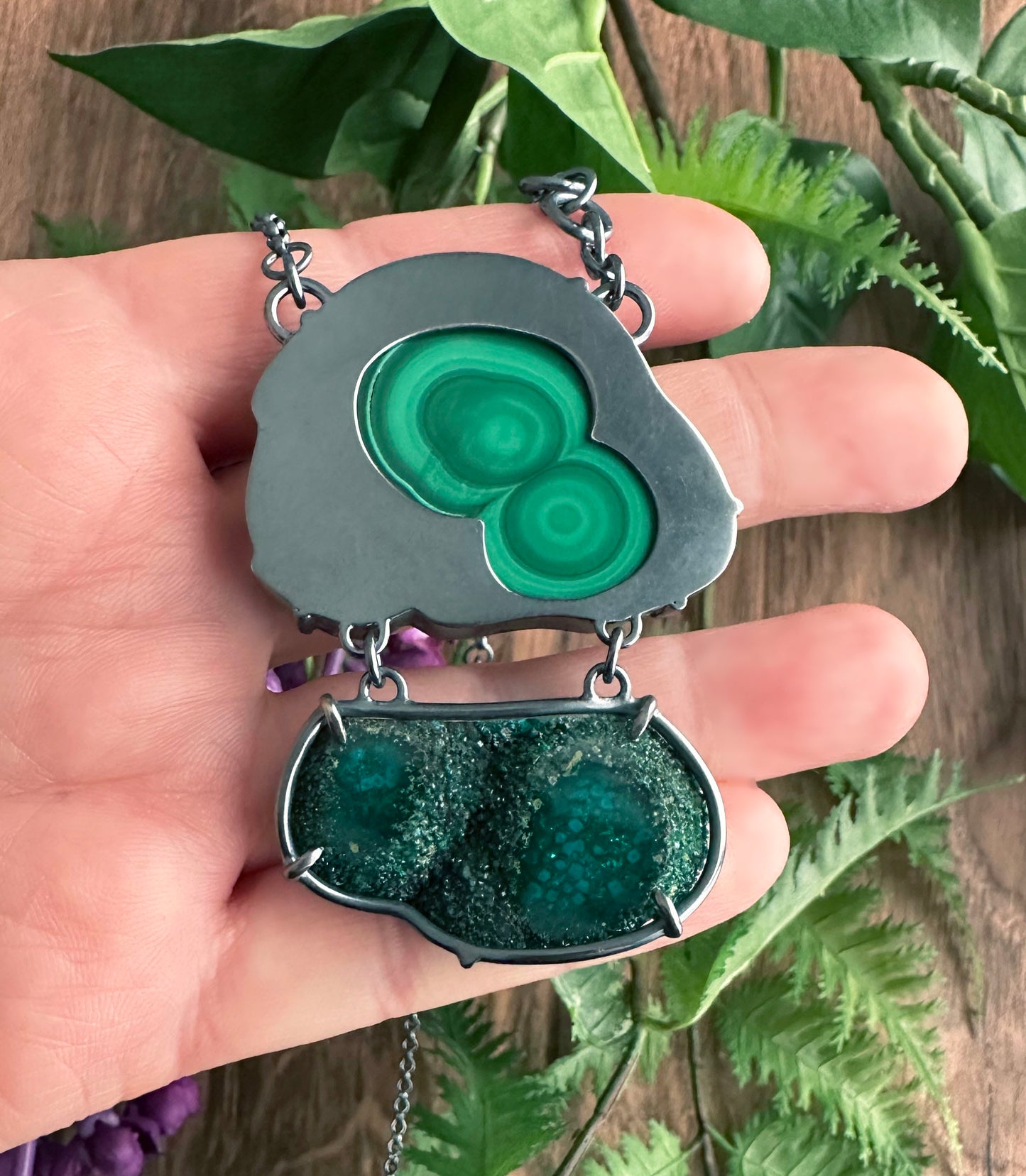 Malachite Stalactite Slice, Dioptase Drusy and Sterling Silver Statement Necklace