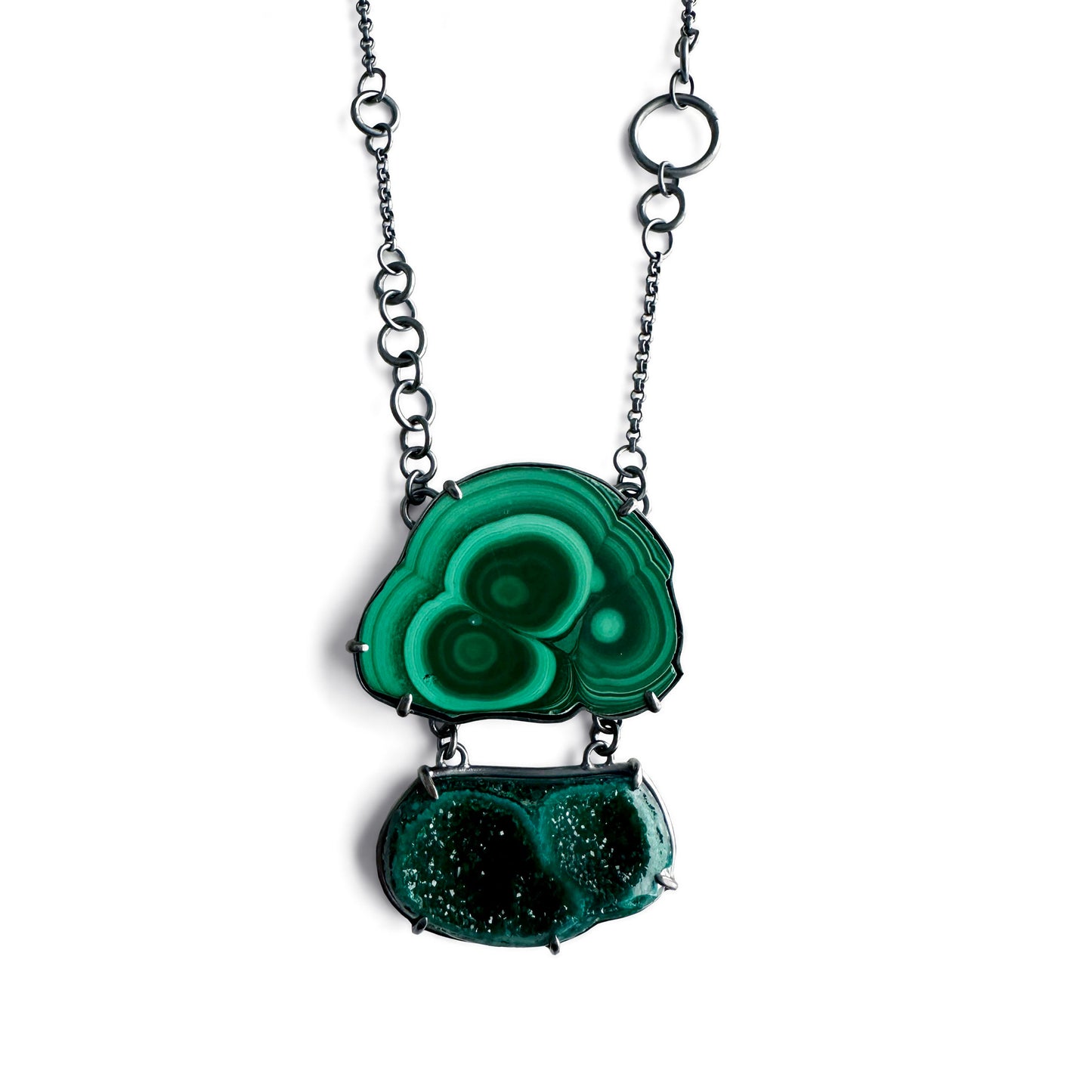 Malachite Stalactite Slice, Dioptase Drusy and Sterling Silver Statement Necklace