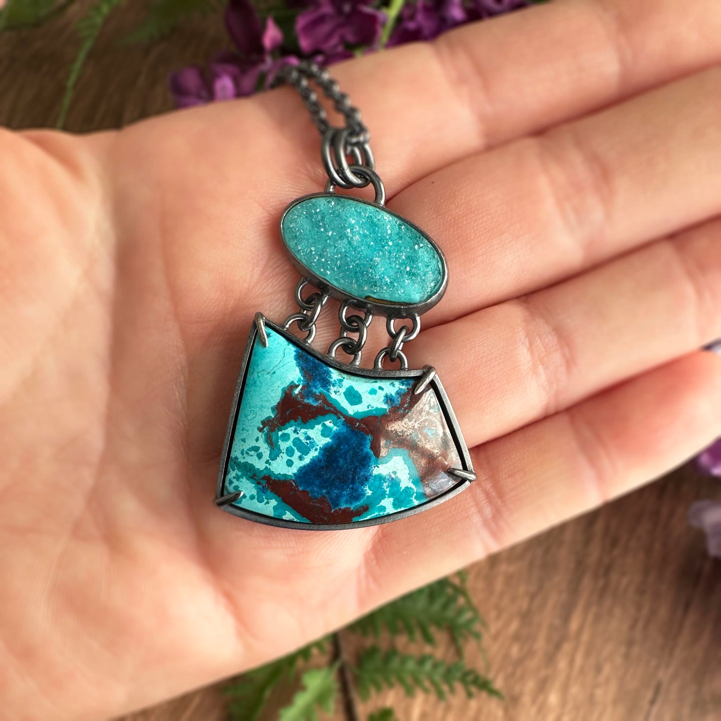 Shattuckite Chrysocolla, Drusy Chrysocolla and Sterling Silver Necklace