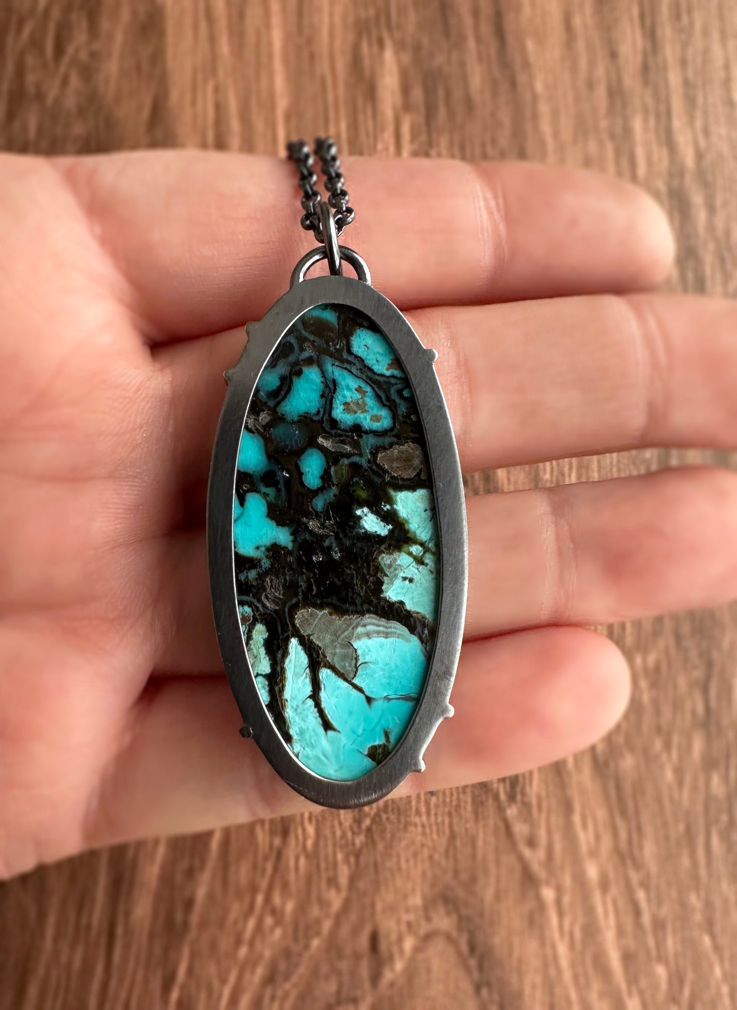 Psilomelane Plume Chrysocolla and Sterling Silver Handmade Pendant Necklace