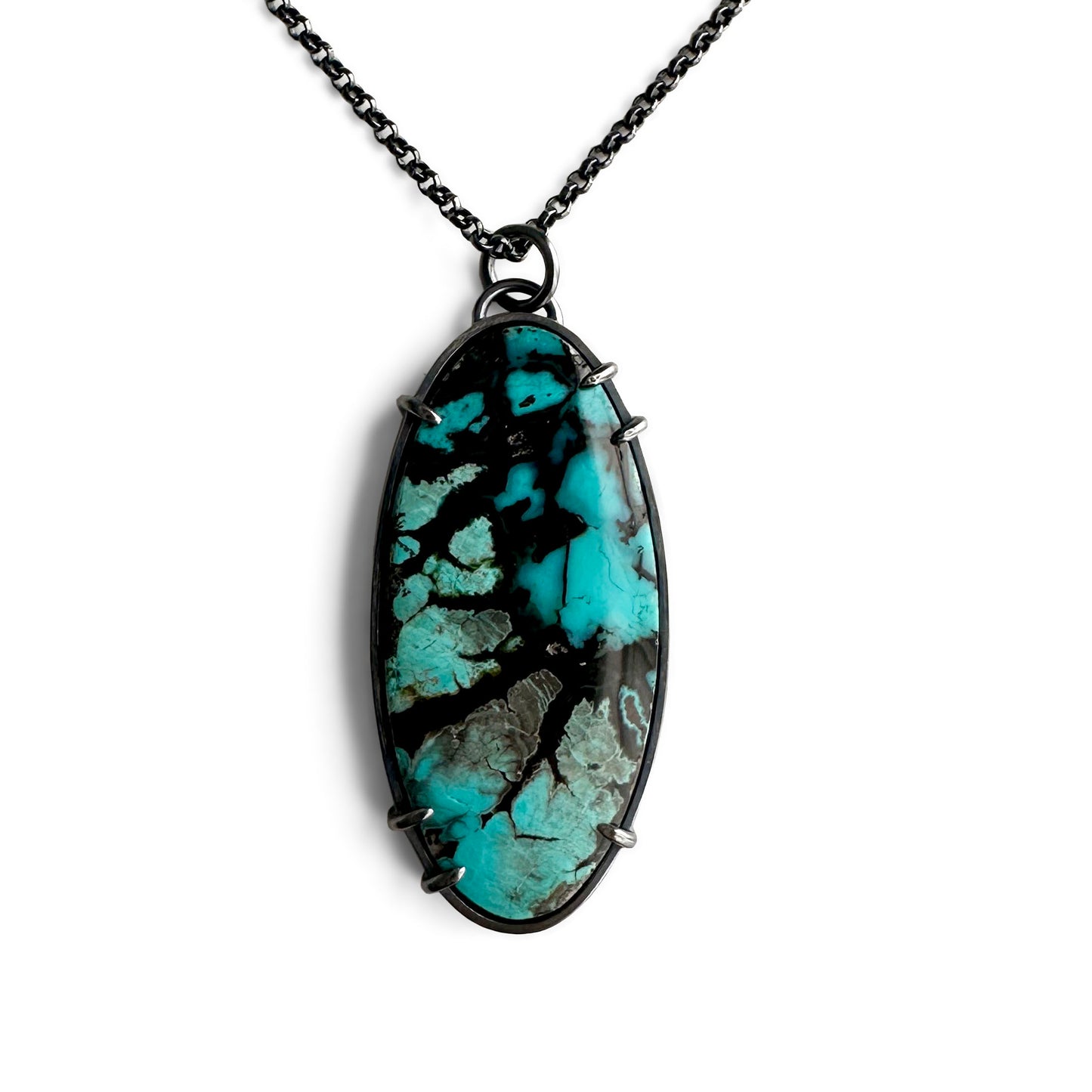 Psilomelane Plume Chrysocolla and Sterling Silver Handmade Pendant Necklace