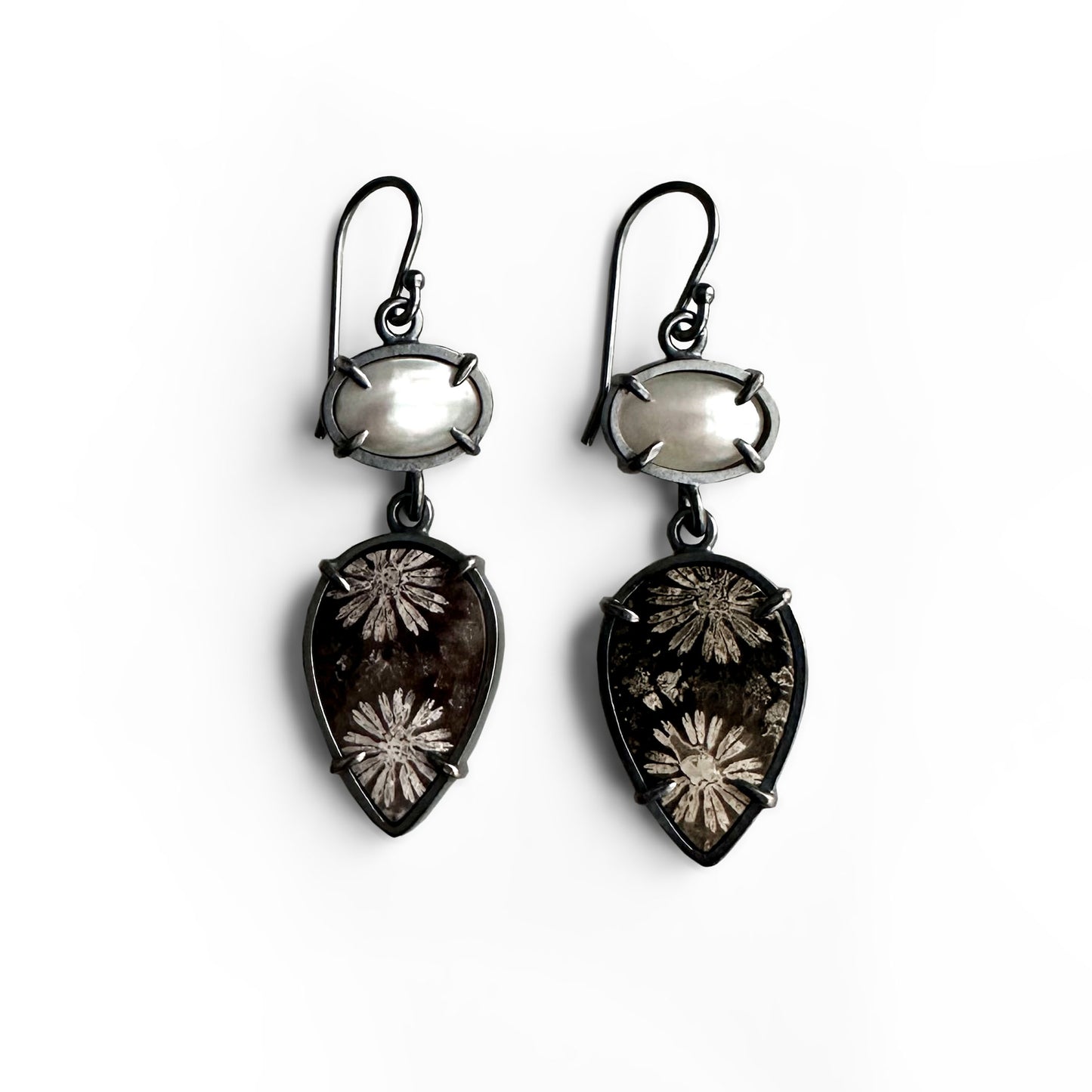 Fossilized Coral, Mother of Pearl and Sterling Silver Handmade Dangle Earrings