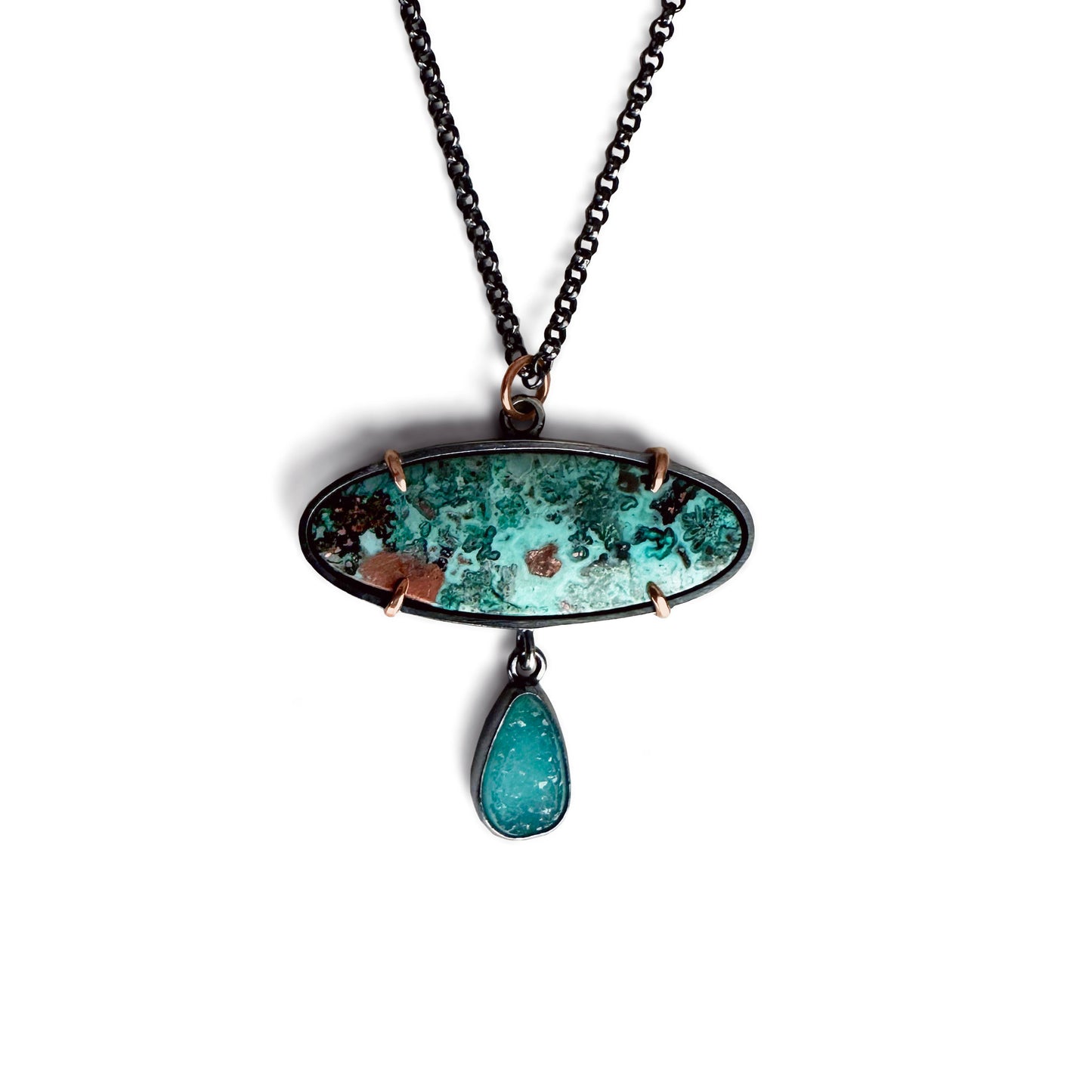 Chrysocolla with Copper, Drusy Chrysocolla and Sterling Silver Handmade Pendant Necklace