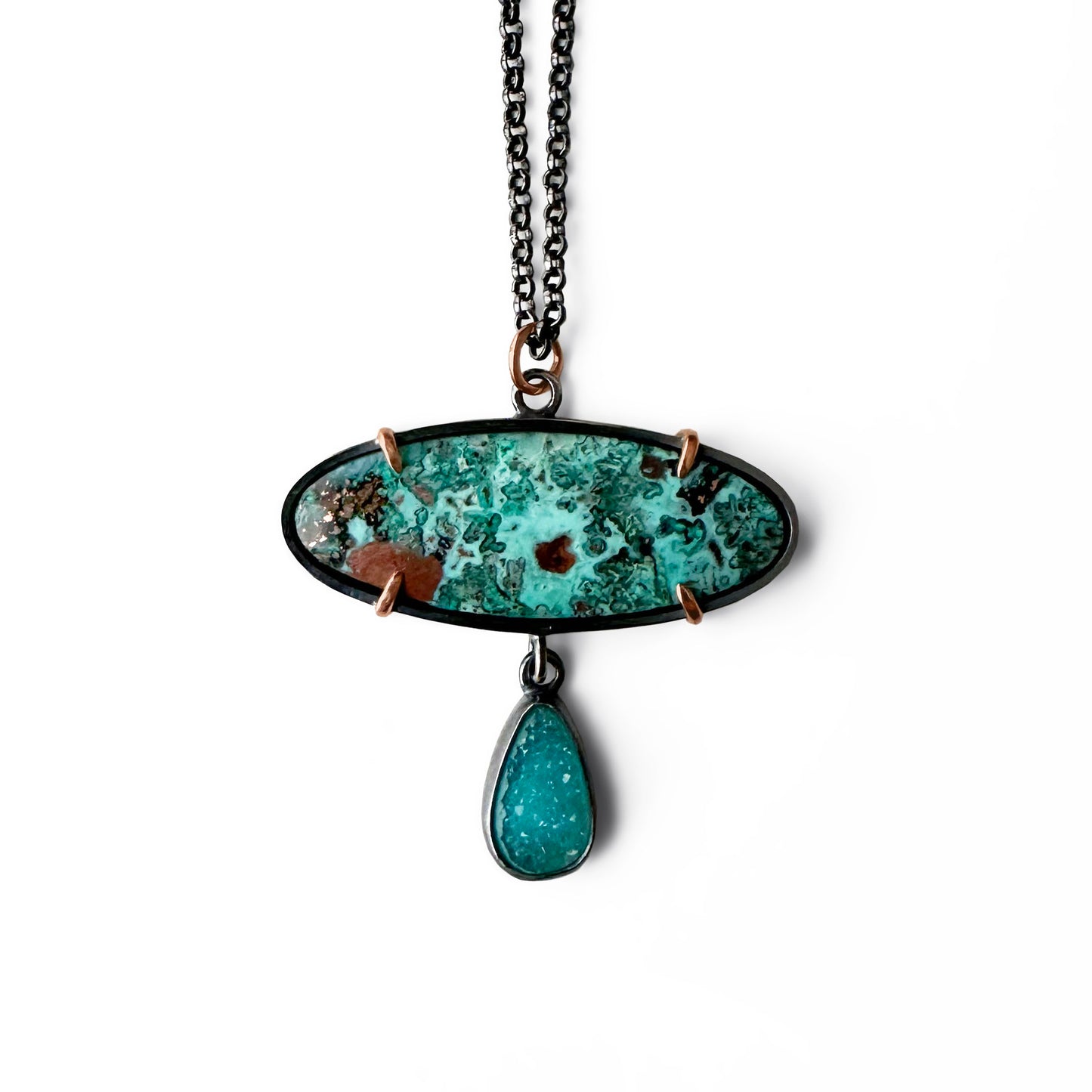 Chrysocolla with Copper, Drusy Chrysocolla and Sterling Silver Handmade Pendant Necklace