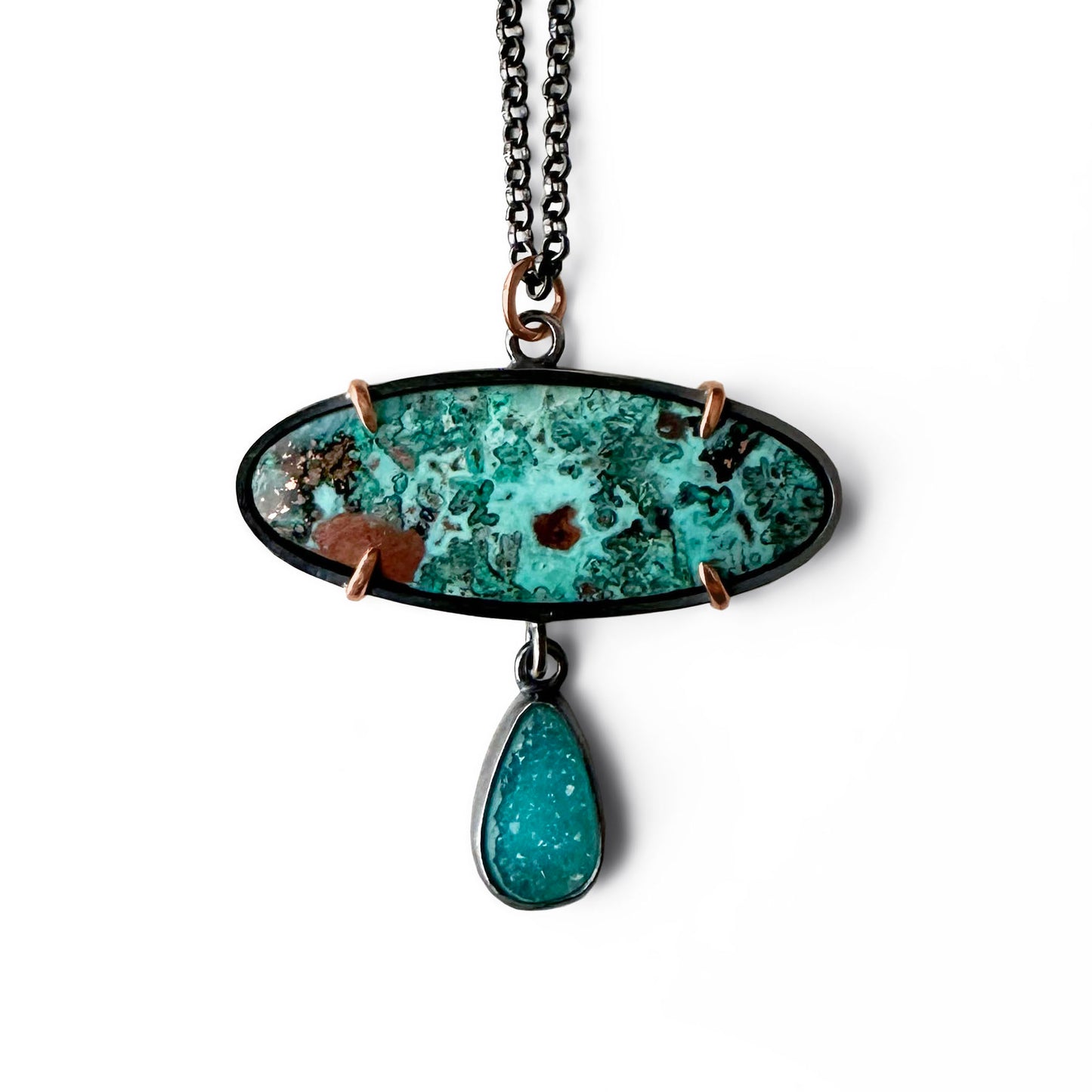 Chrysocolla with Copper, Drusy Chrysocolla and Sterling Silver Handmade Pendant Necklace