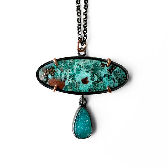 Chrysocolla with Copper, Drusy Chrysocolla and Sterling Silver Handmade Pendant Necklace