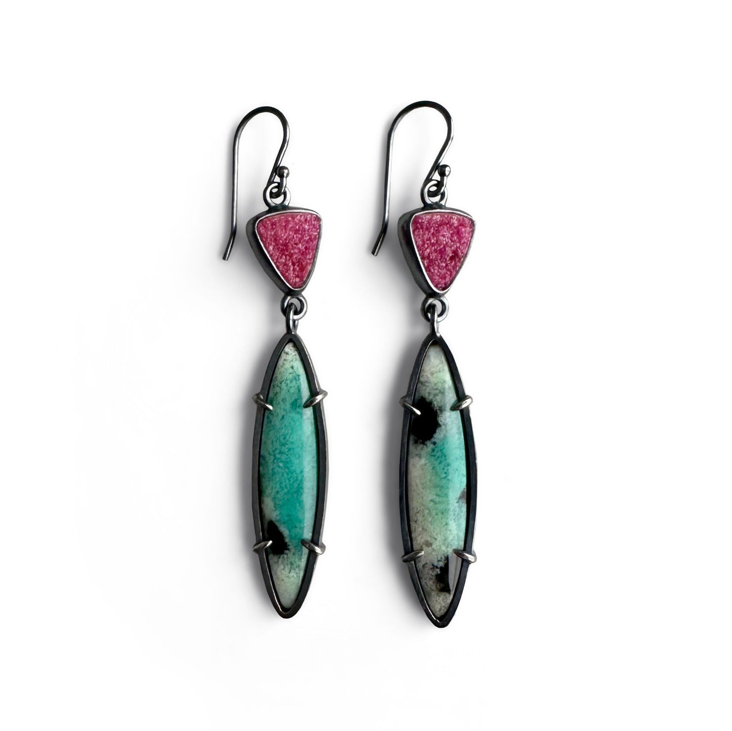 Cobaltocalcite, Chrysocolla in Quartz and Sterling Silver Handmade Dangle Earrings