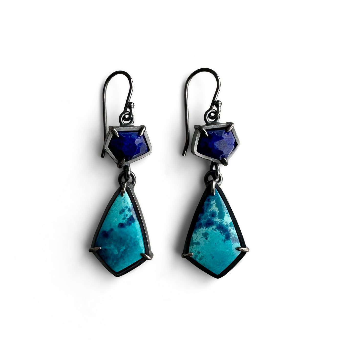 Shattuckite Chrysocolla, Lapis Lazuli and Sterling Silver Dangle Earrings