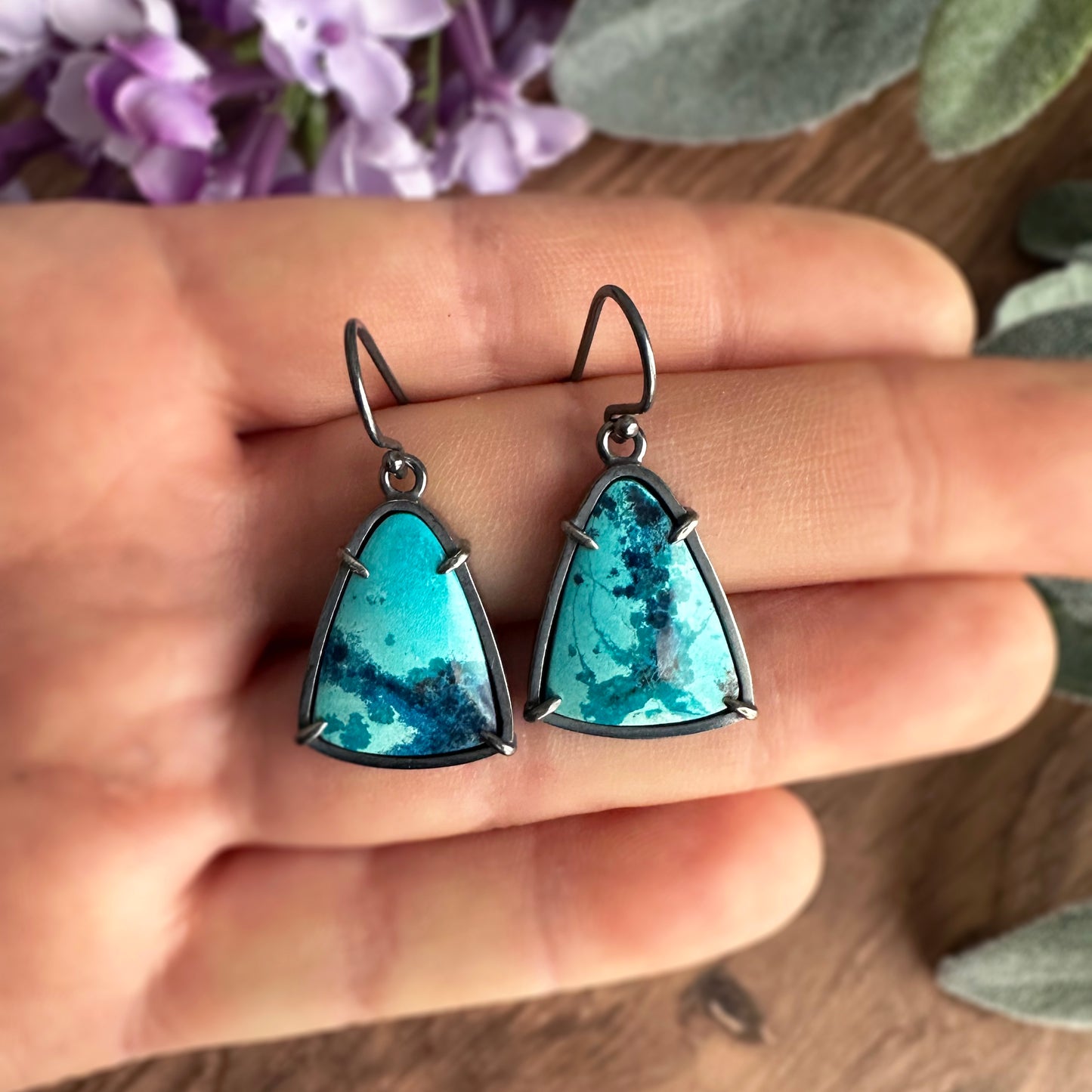 Shattuckite Chrysocolla and Sterling Silver Dangle Earrings