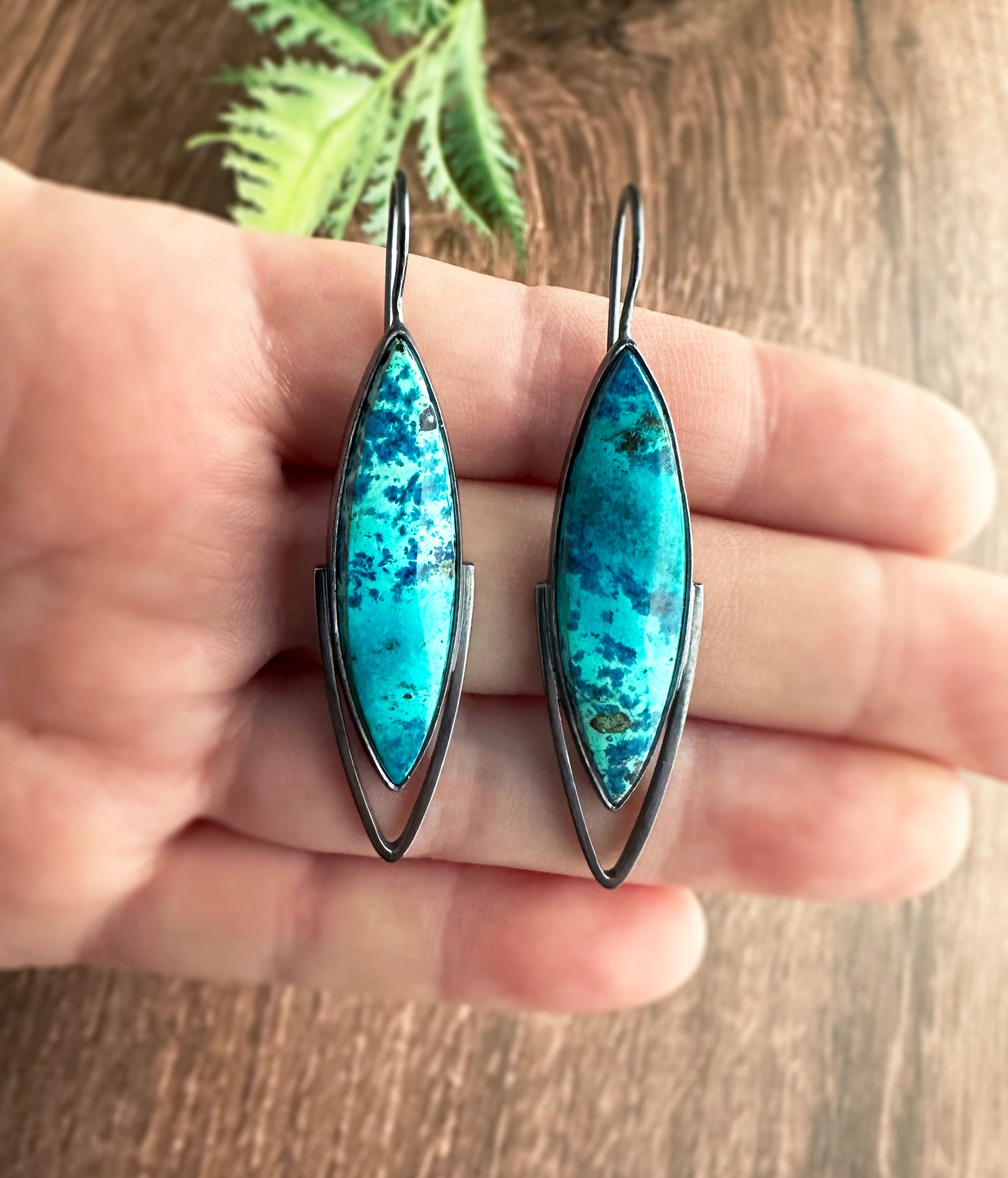 Shattuckite Chrysocolla and Sterling Silver Dangle Earrings