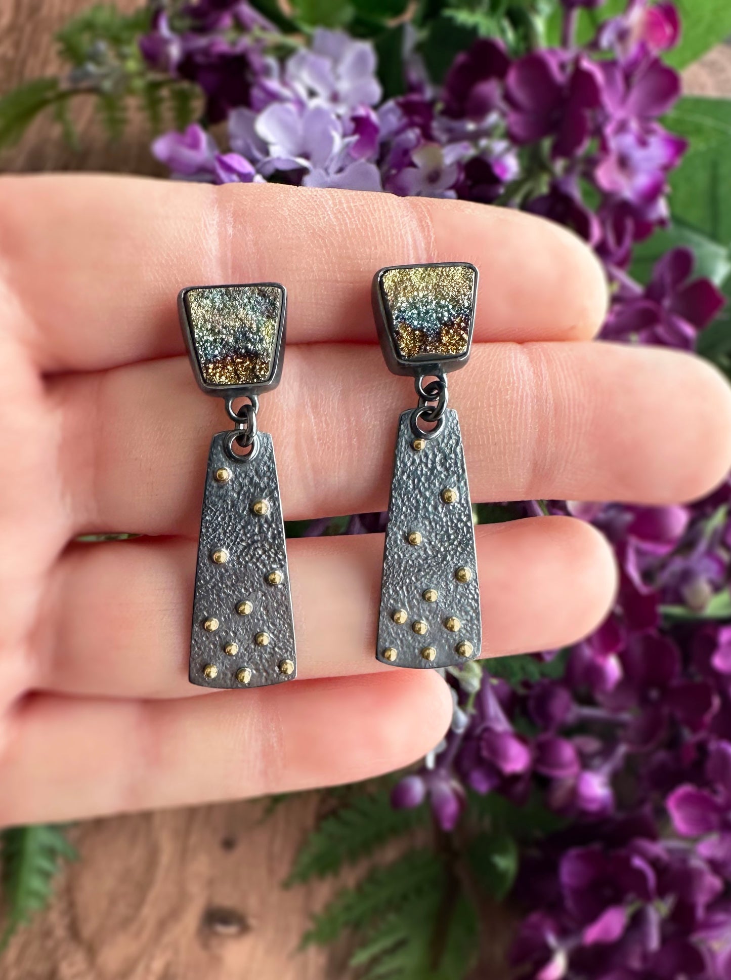 Rainbow Pyrite, 18k gold and Sterling Silver Handmade Stud Dangle Earrings