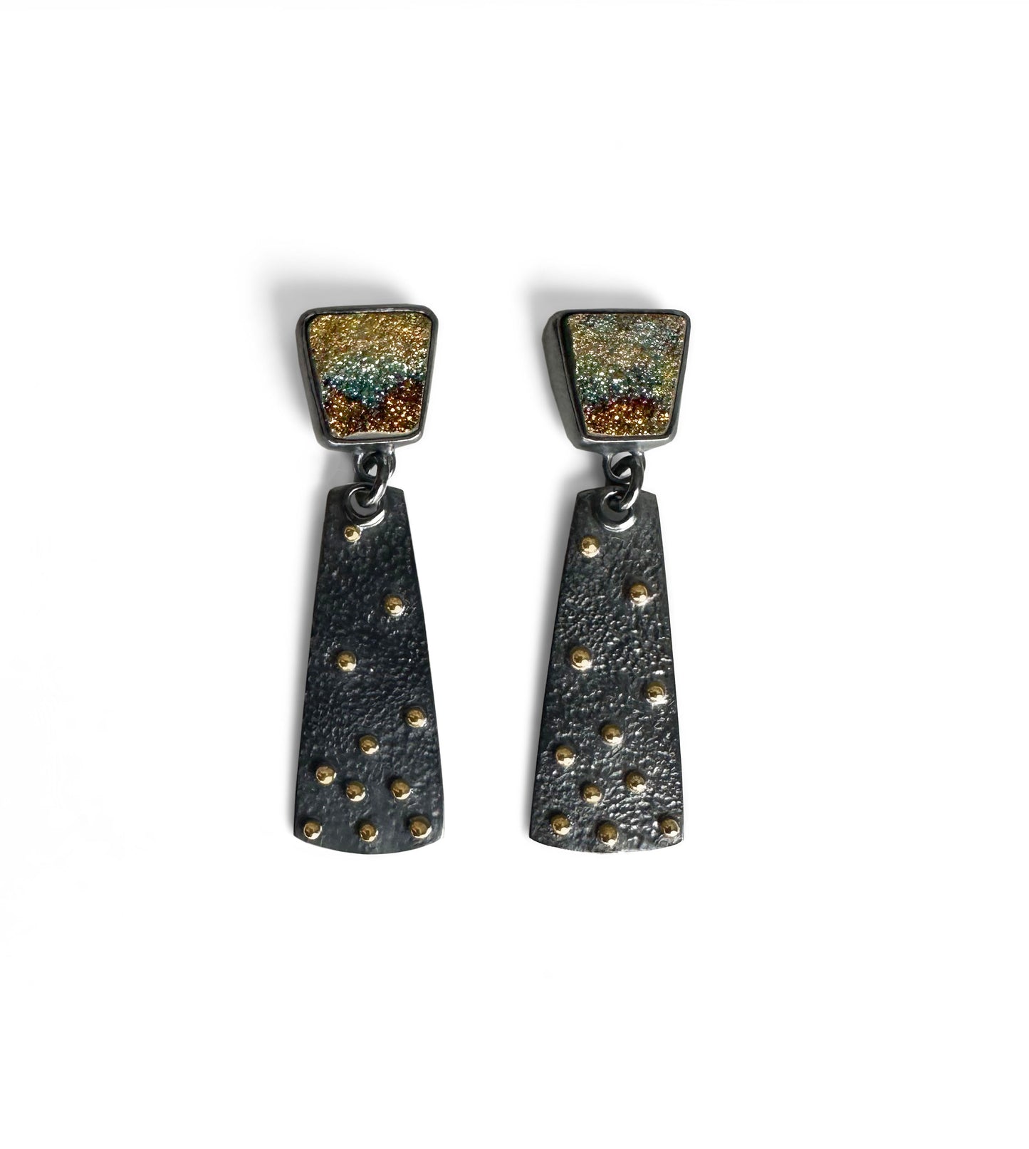 Rainbow Pyrite, 18k gold and Sterling Silver Handmade Stud Dangle Earrings