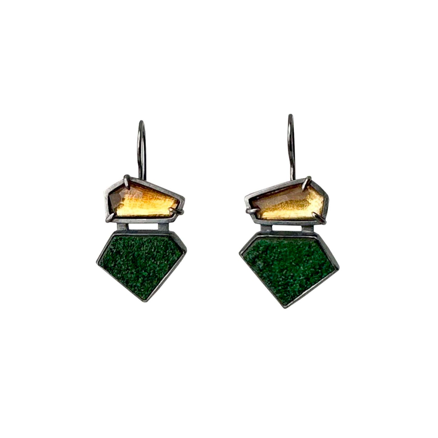Uvarovite Garnet Drusy, Citrine and Sterling Silver Handmade Dangle Earrings