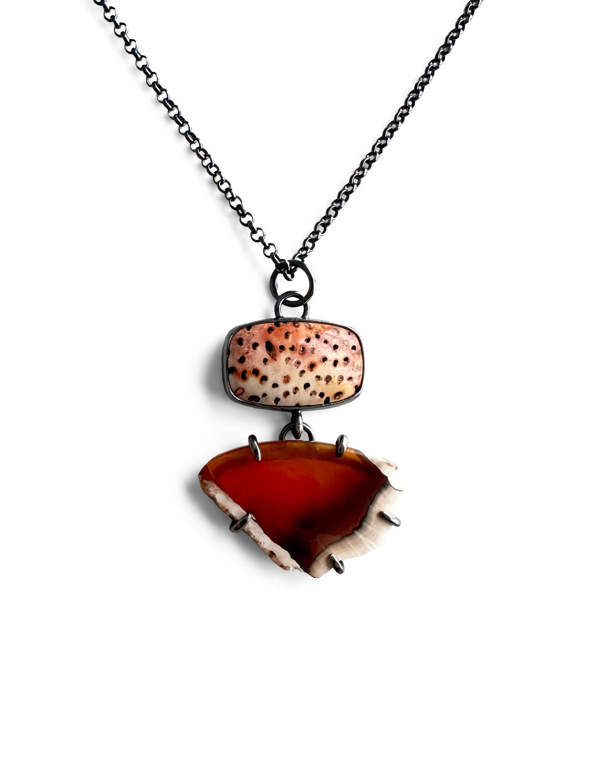Fossilized Palm, Sumatran Agate and Sterling Silver Pendant Necklace