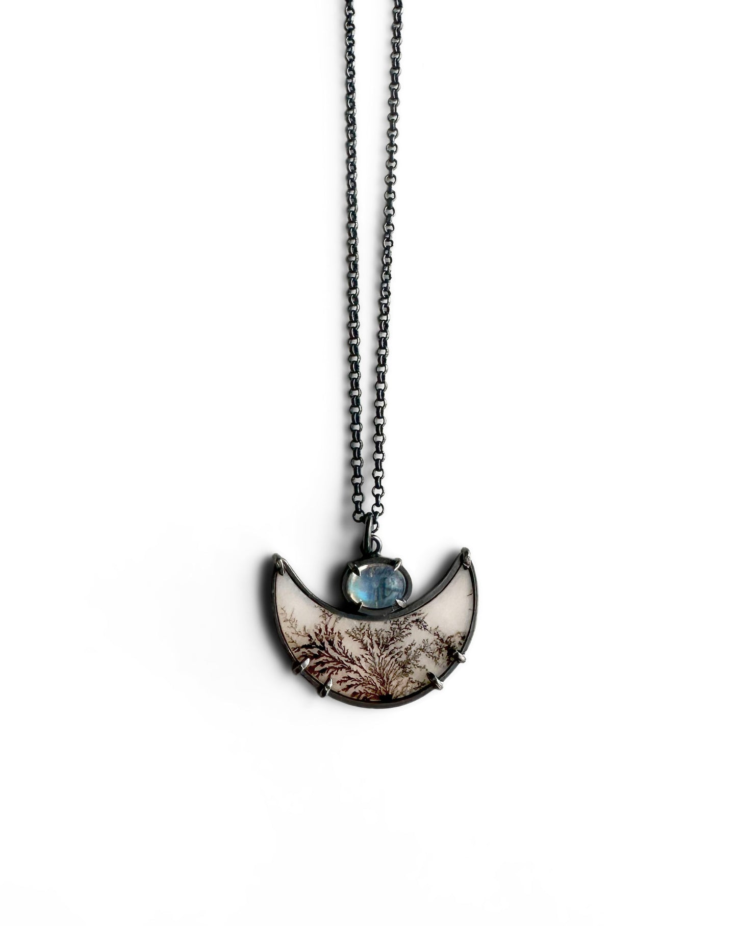 Dendritic Agate Moon, Moonstone and Sterling Silver Handmade Pendant Necklace