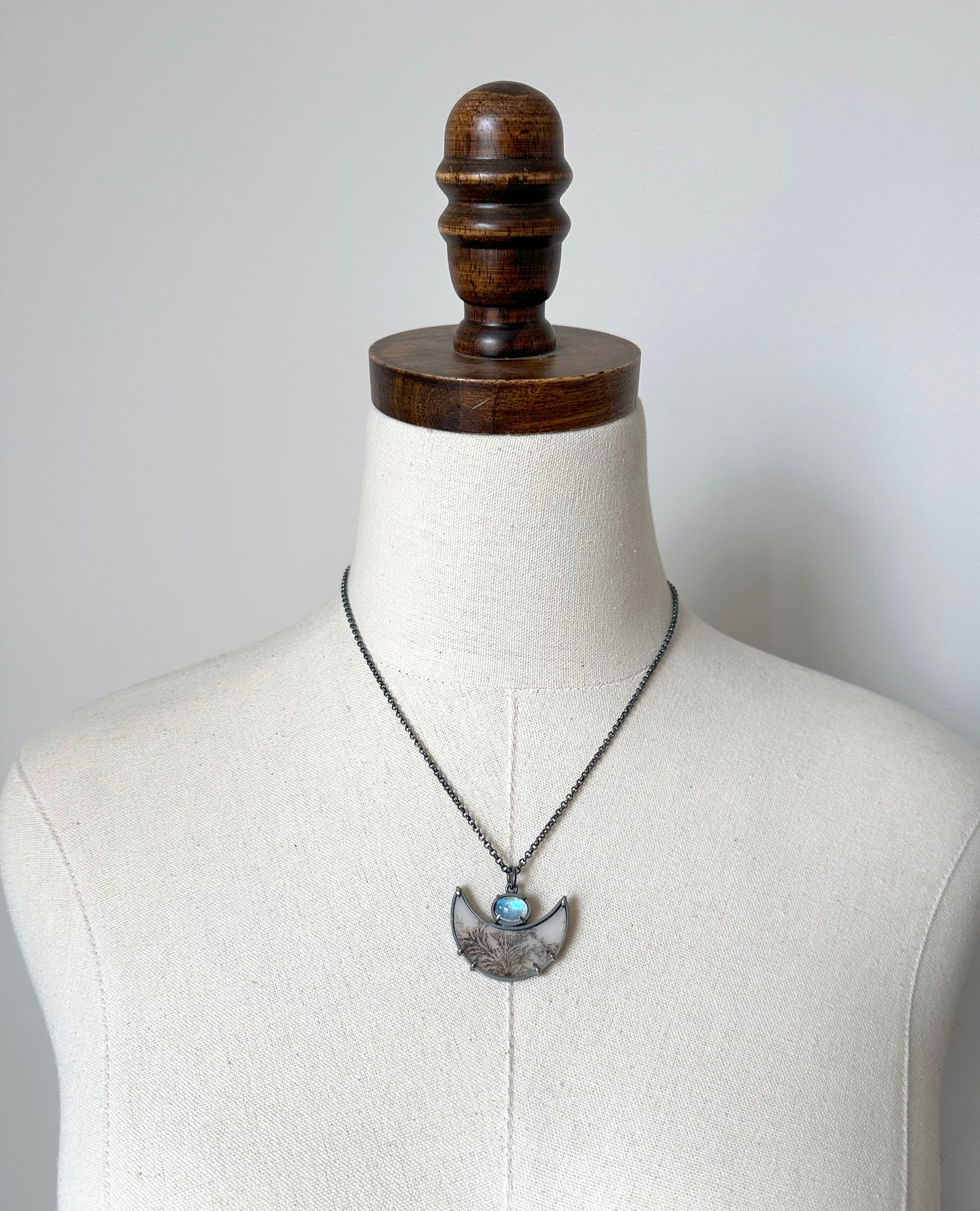 Dendritic Agate Moon, Moonstone and Sterling Silver Handmade Pendant Necklace