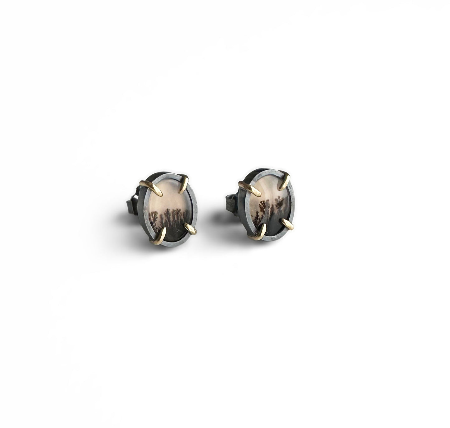 Dendritic Agate, 18k Gold and Sterling Silver Stud Earrings Handmade