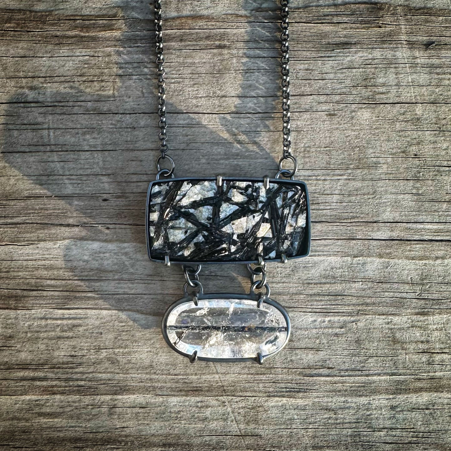 Black Tourmaline with Albite Quartz & Mica, Tourmalinated Quartz and Sterling Silver Pendant Necklace