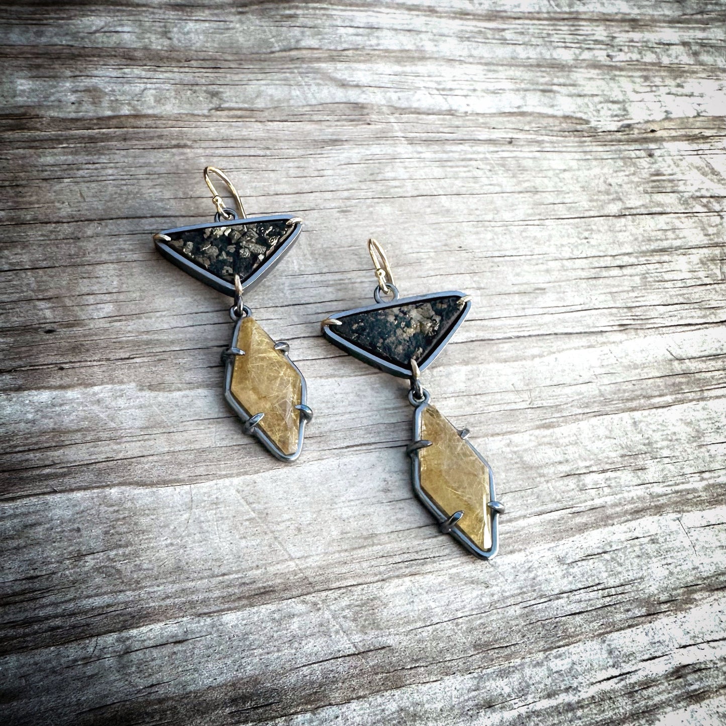 Pyrite in Slate, Rutilated Quartz, 18k gold and Sterling Silver Dangle Earrings