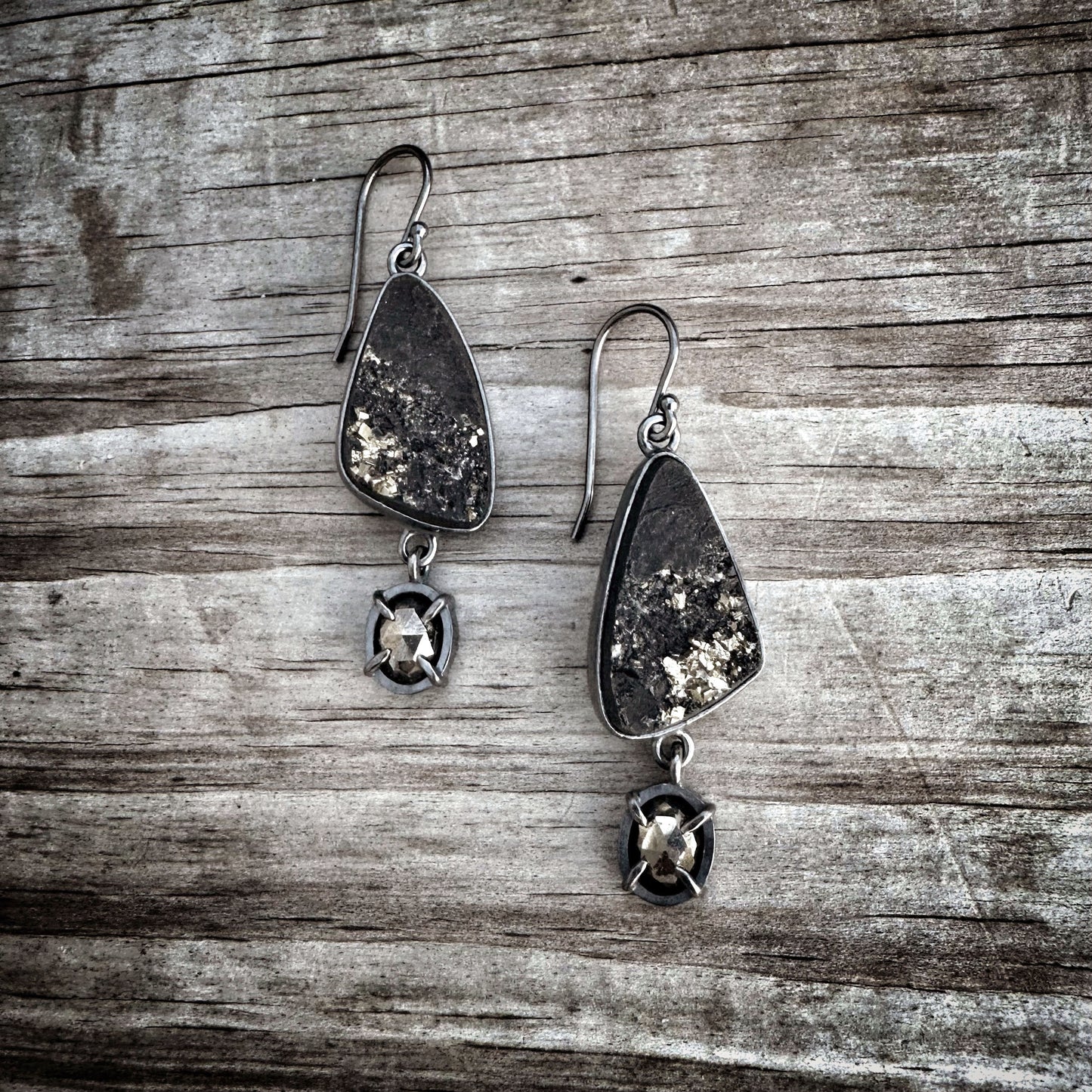 Pyrite in Slate, Pyrite, and Sterling Silver Dangle Earrings