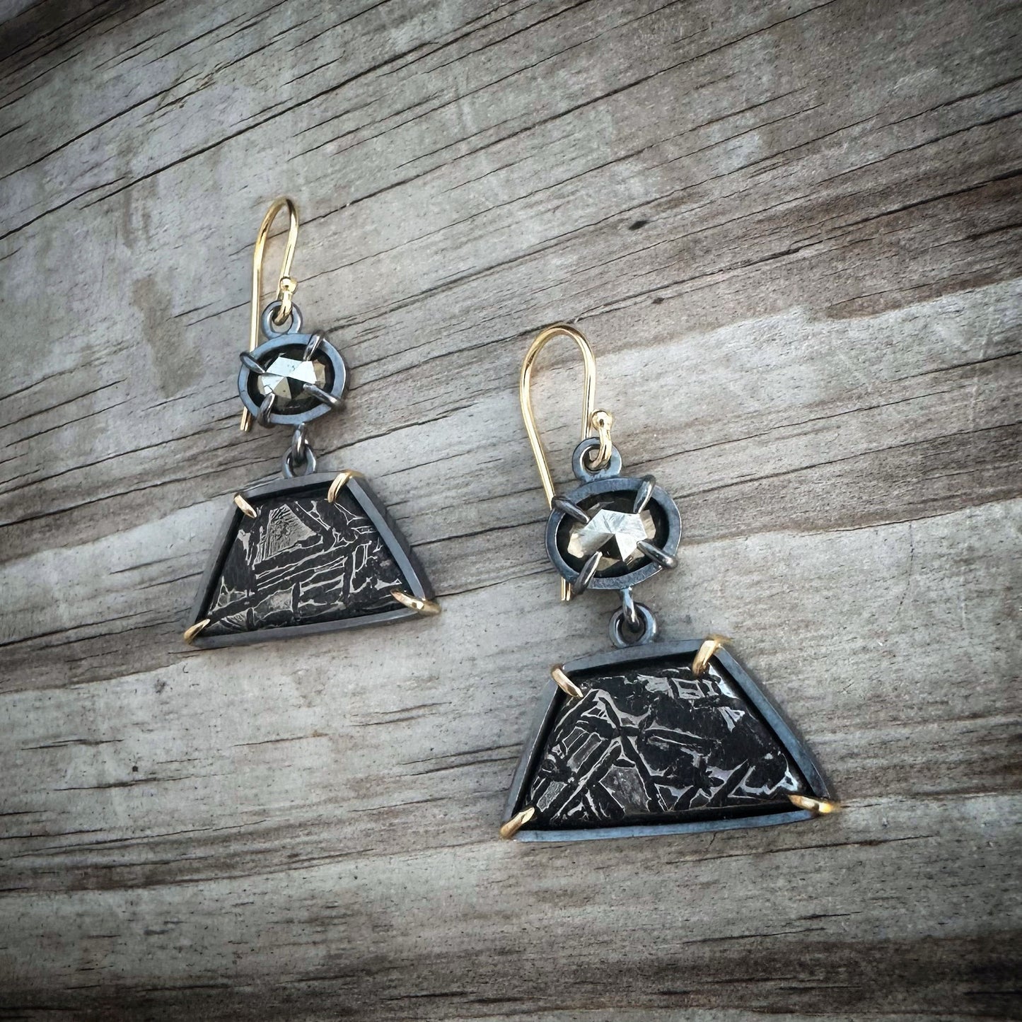 Aletai Meteorite, Pyrite, 18k Gold and Sterling Silver Dangle Earrings