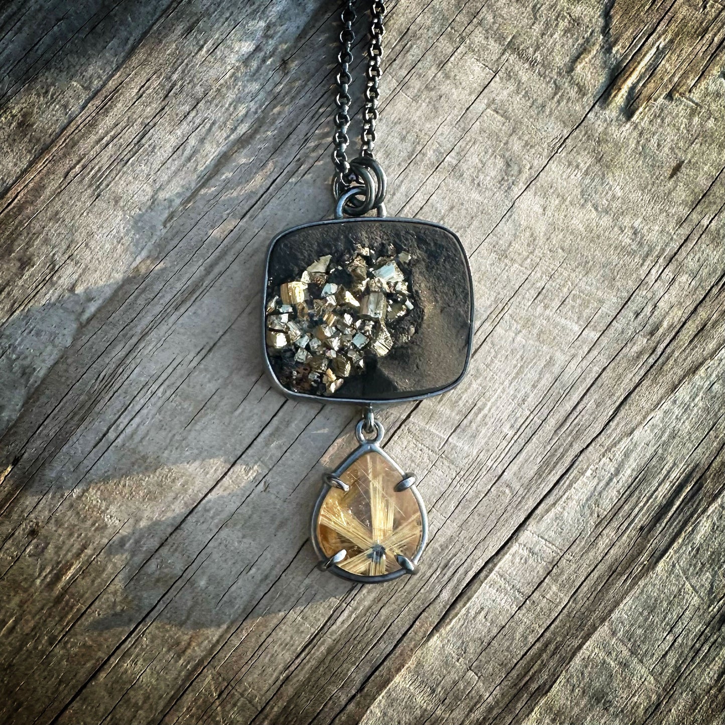 Star Rutilated Quartz, Pyrite in Slate and Sterling Silver Pendant Necklace