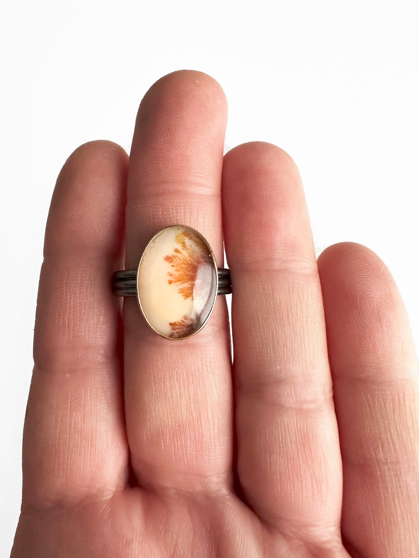 Size 9.5 Ring 22k Gold, Dendritic Agate Doublet, and Sterling Silver