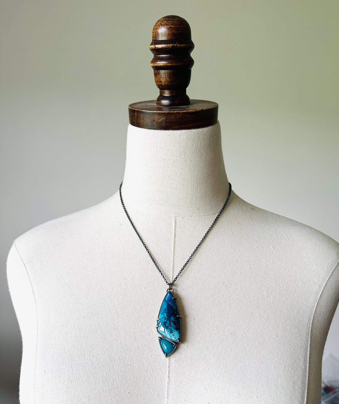 Shattuckite Chrysocolla, Gem Silica, 18k Gold and Sterling Silver Handmade Pendant Necklace