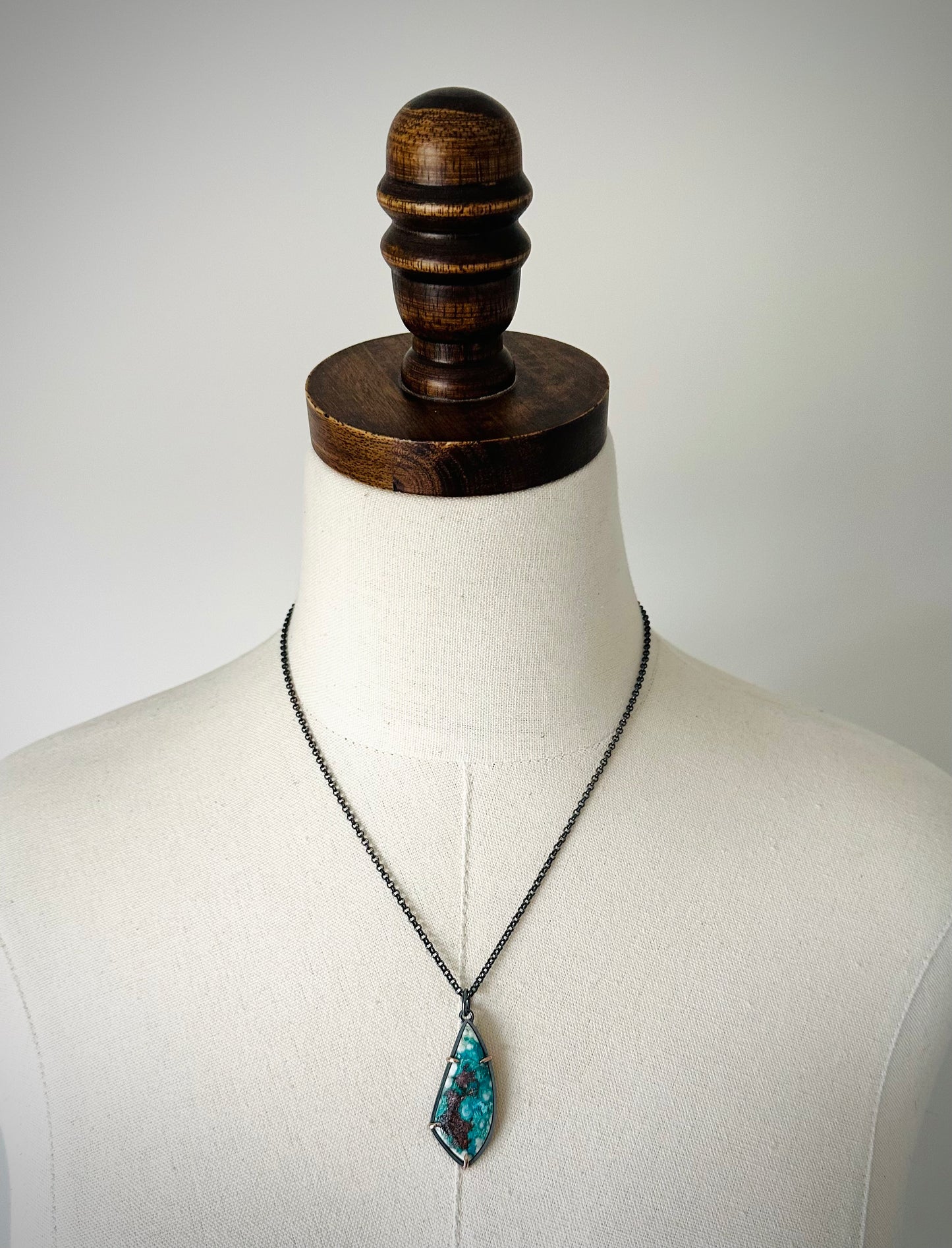 Chrysocolla with Copper, 14k Rose Gold and Sterling Silver Handmade Pendant Necklace