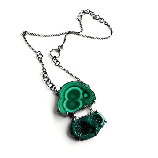 Malachite Stalactite Slice, Dioptase Drusy and Sterling Silver Statement Necklace