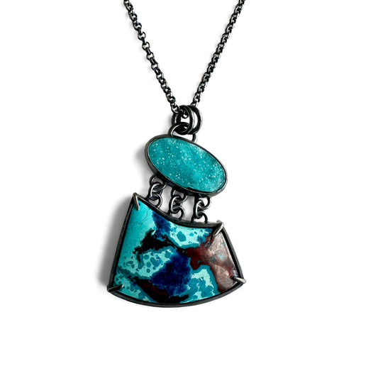 Shattuckite Chrysocolla, Drusy Chrysocolla and Sterling Silver Necklace