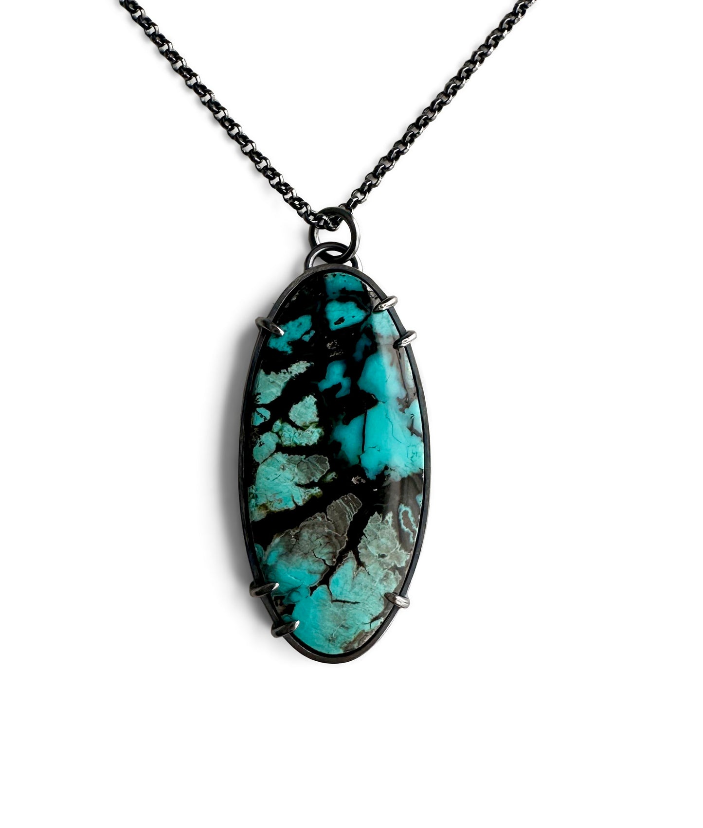 Psilomelane Plume Chrysocolla and Sterling Silver Handmade Pendant Necklace