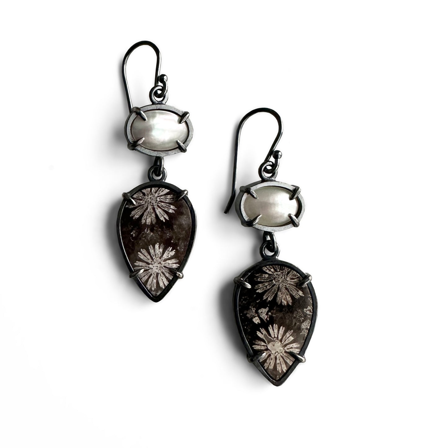 Fossilized Coral, Mother of Pearl and Sterling Silver Handmade Dangle Earrings