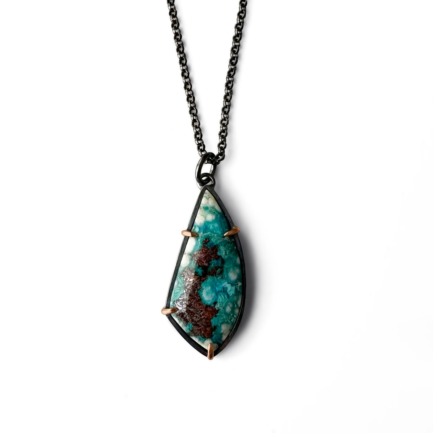 Chrysocolla with Copper, 14k Rose Gold and Sterling Silver Handmade Pendant Necklace