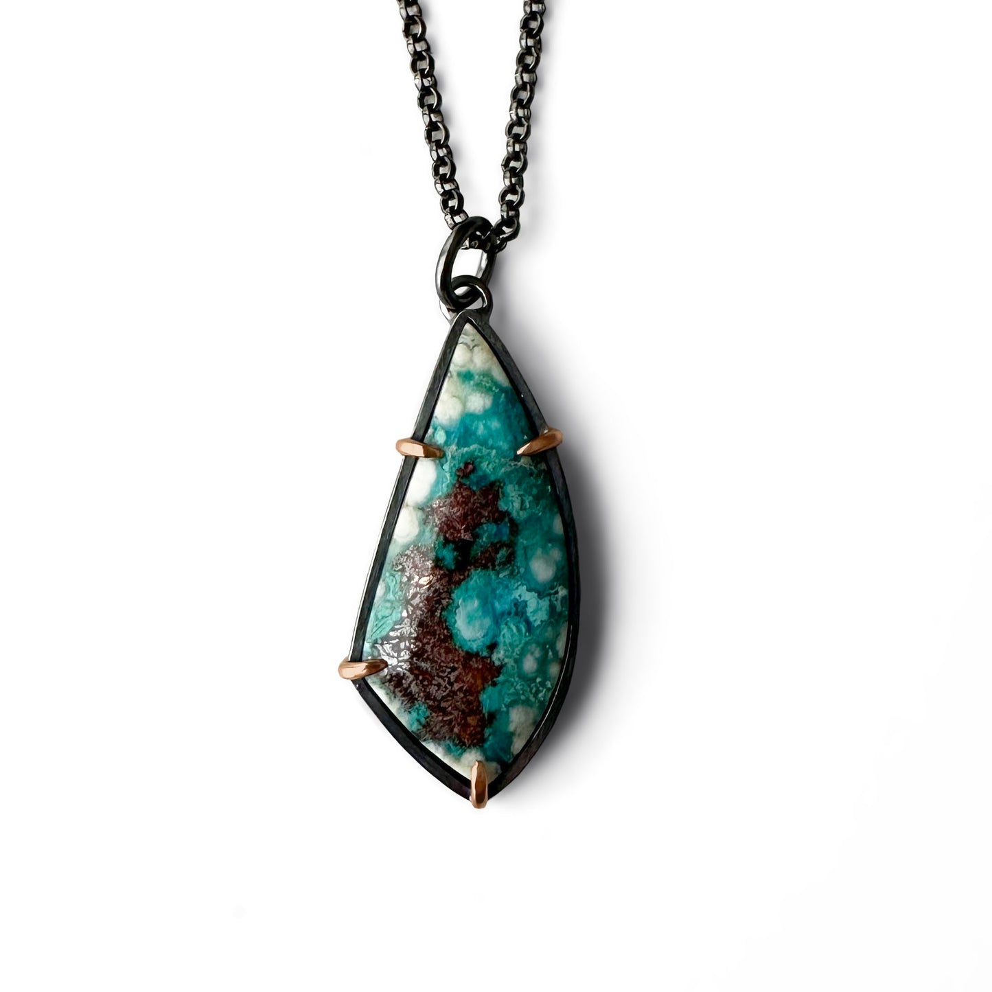 Chrysocolla with Copper, 14k Rose Gold and Sterling Silver Handmade Pendant Necklace