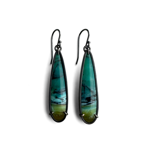 Blue Opalized Petrified Wood and Sterling Silver Handmade Dangle Earrings