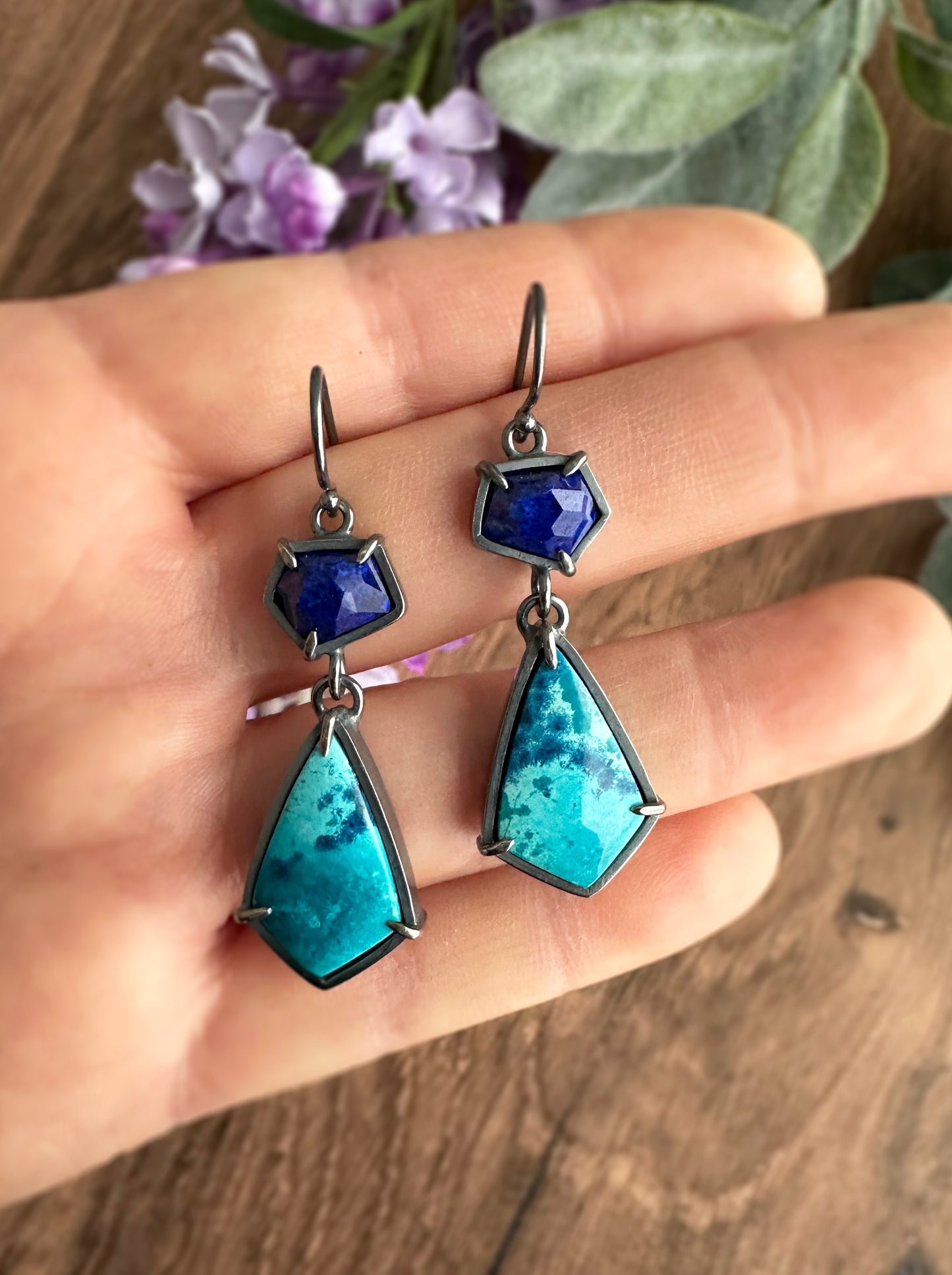 Shattuckite Chrysocolla, Lapis Lazuli and Sterling Silver Dangle Earrings