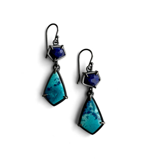 Shattuckite Chrysocolla, Lapis Lazuli and Sterling Silver Dangle Earrings