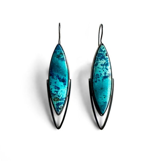 Shattuckite Chrysocolla and Sterling Silver Dangle Earrings