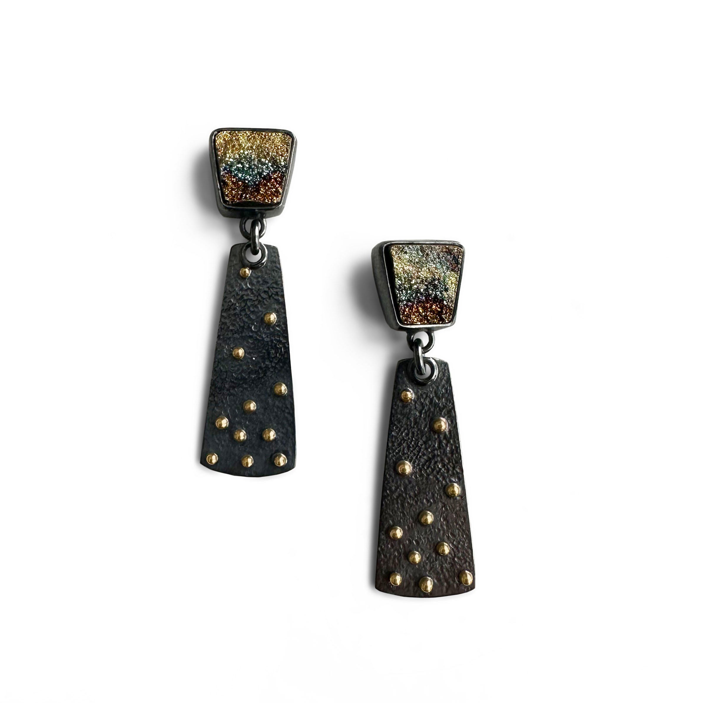 Rainbow Pyrite, 18k gold and Sterling Silver Handmade Stud Dangle Earr ...
