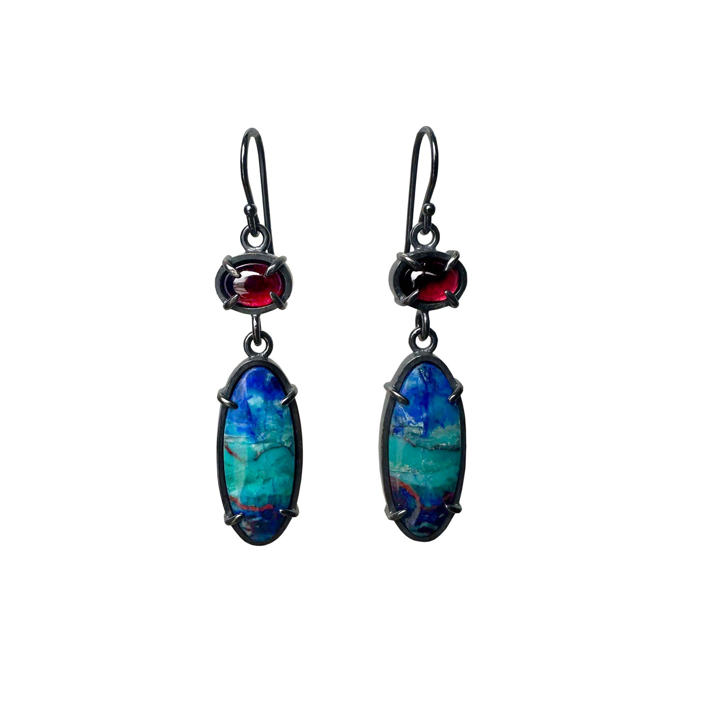 Bluebird Azurite, Garnet and Sterling Silver Handmade Dangle Earrings