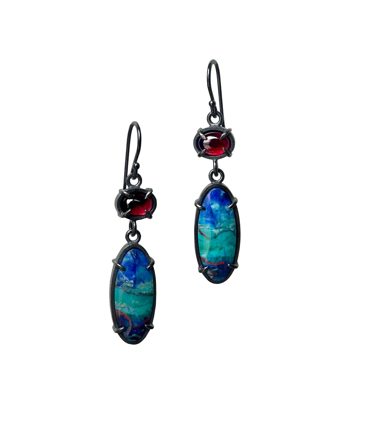 Bluebird Azurite, Garnet and Sterling Silver Handmade Dangle Earrings