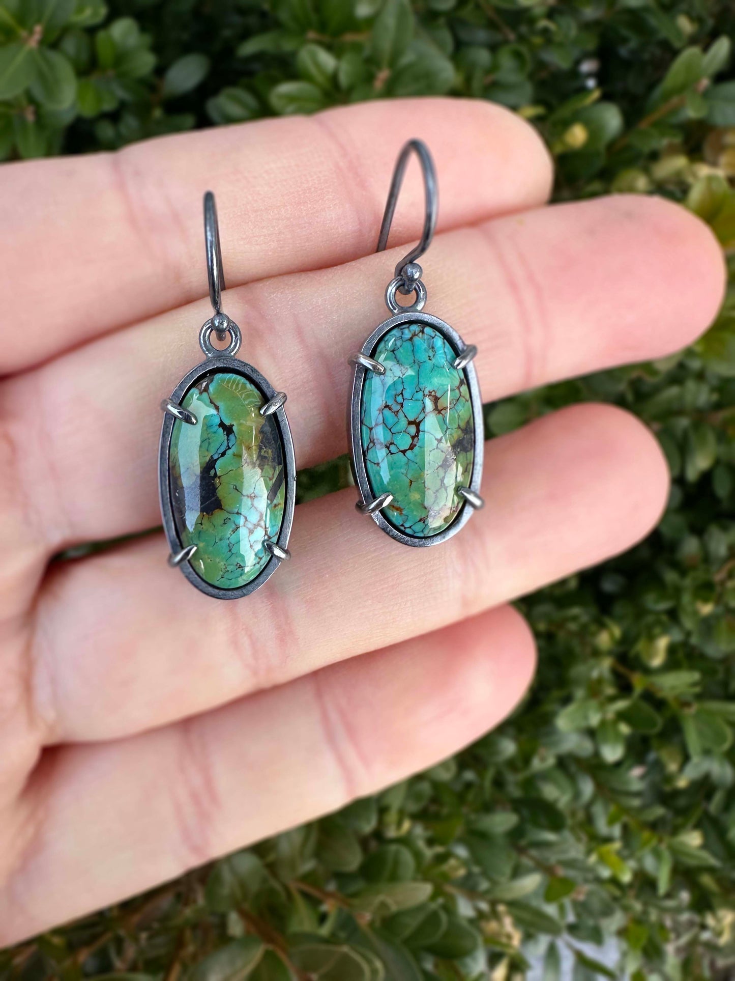 Polychrome Hubei Turquoise and Sterling Silver Handmade Dangle Earrings