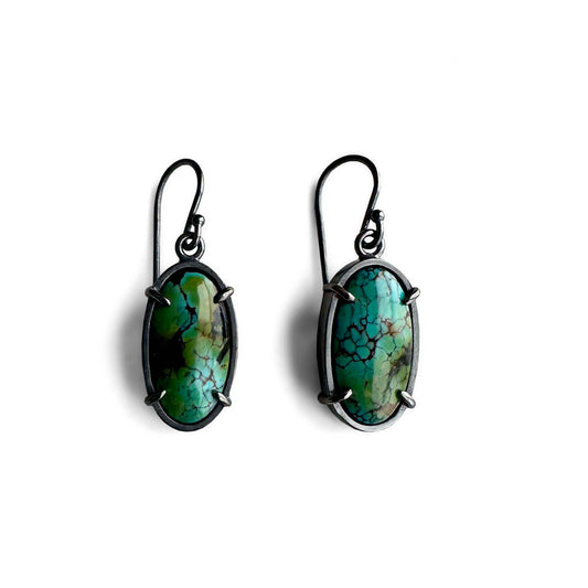 Polychrome Hubei Turquoise and Sterling Silver Handmade Dangle Earrings