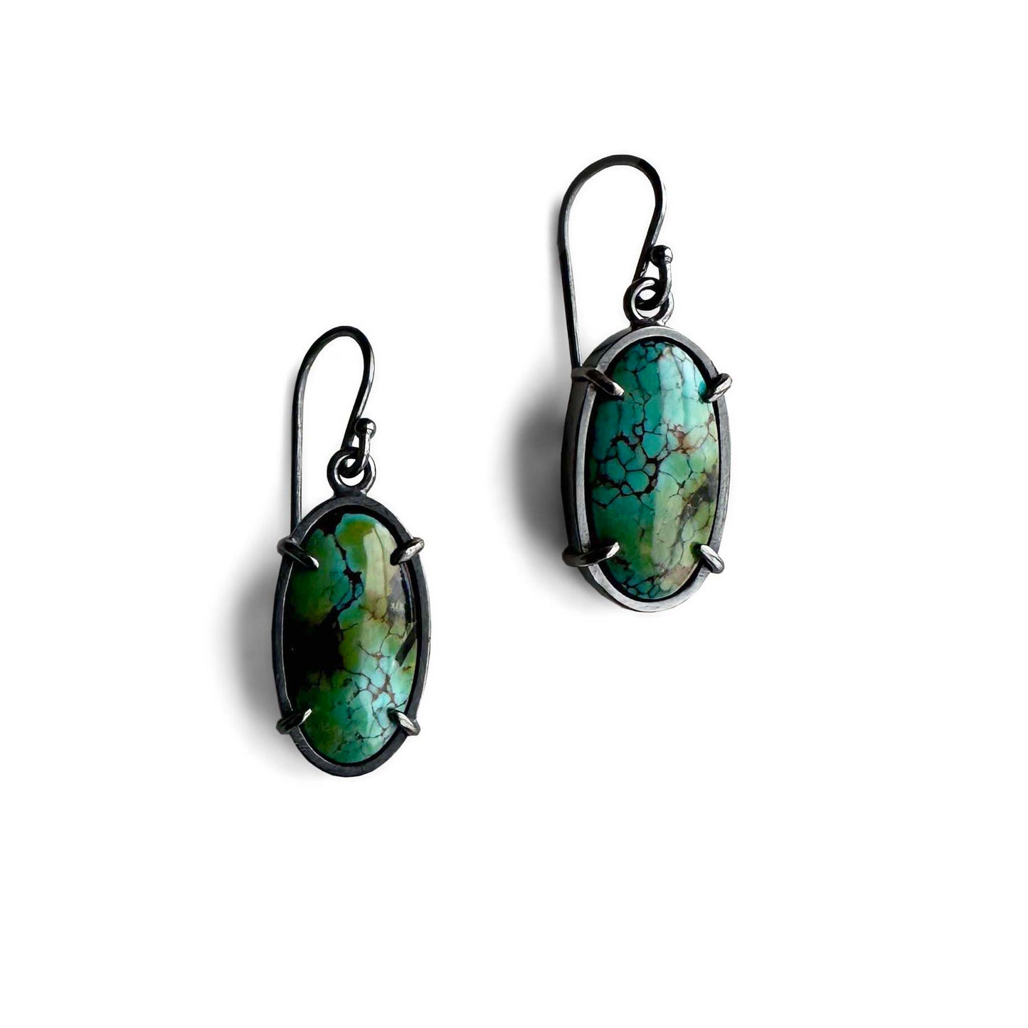 Polychrome Hubei Turquoise and Sterling Silver Handmade Dangle Earrings
