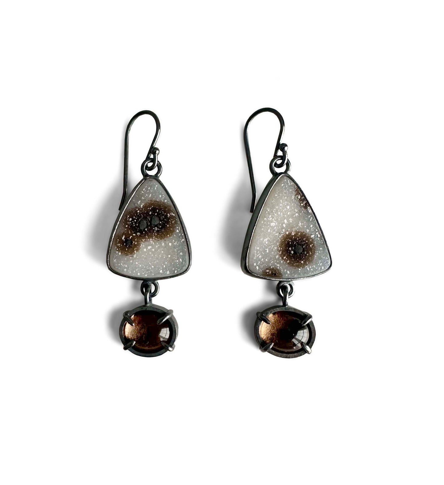 Spotted Druzy, Smoky Quartz and Sterling Silver Dangle Earrings