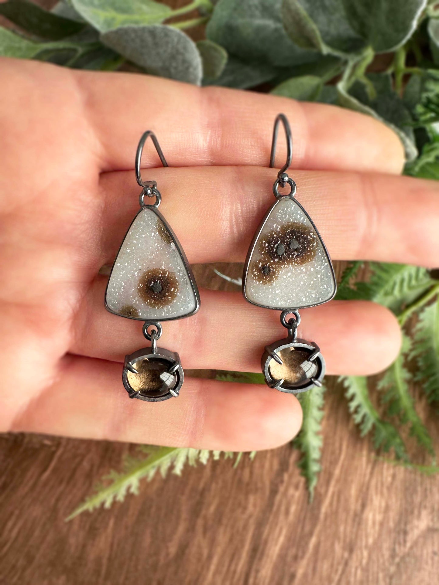 Spotted Druzy, Smoky Quartz and Sterling Silver Dangle Earrings