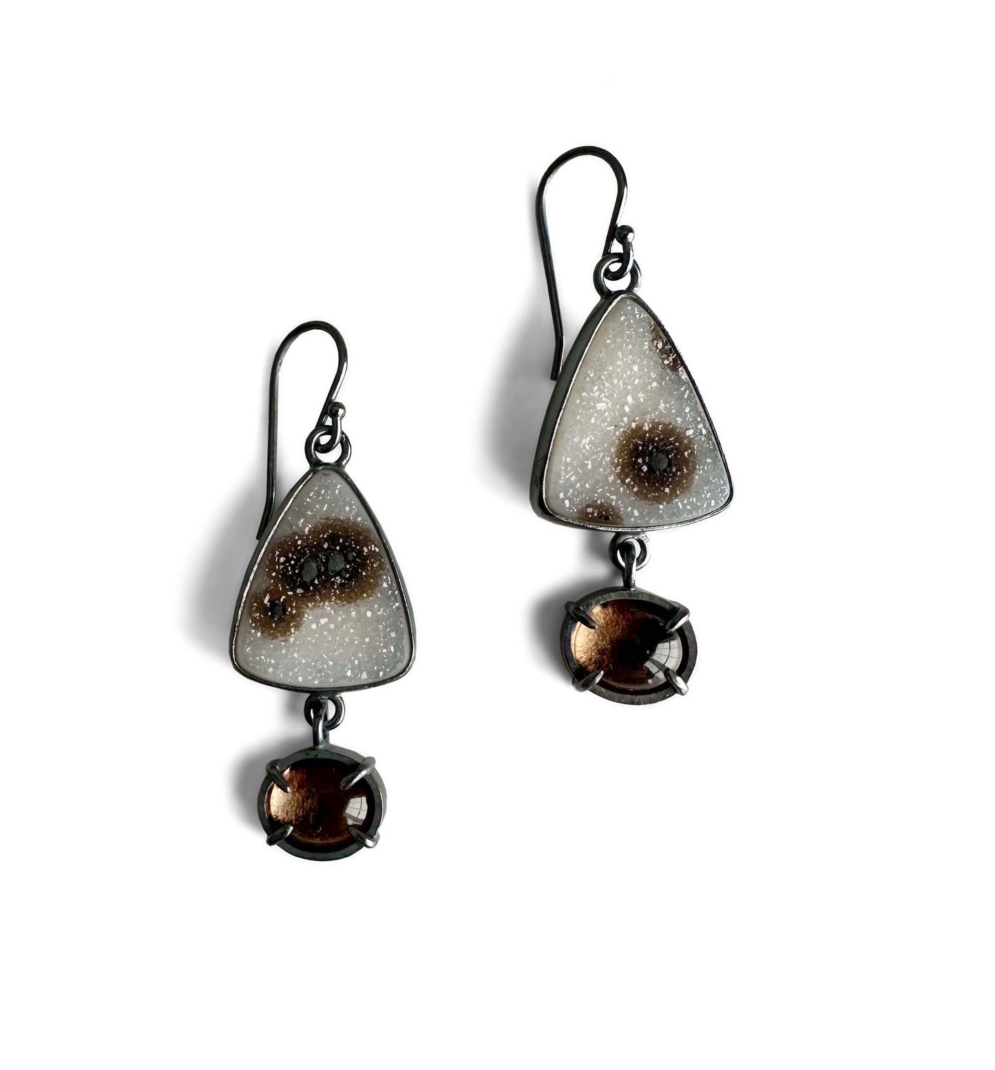Spotted Druzy, Smoky Quartz and Sterling Silver Dangle Earrings